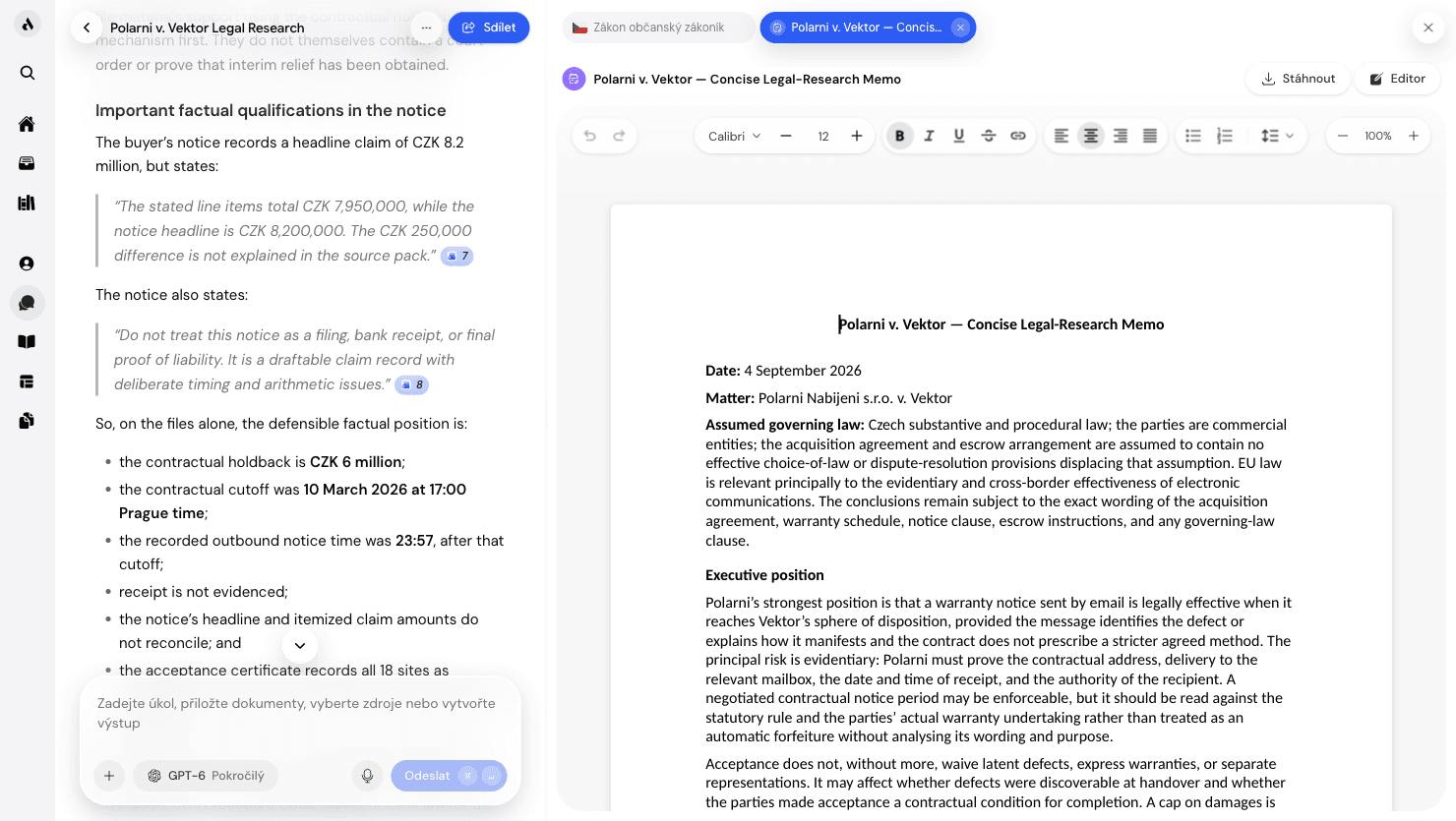 Aturno assistant drafting a legal document in the editor